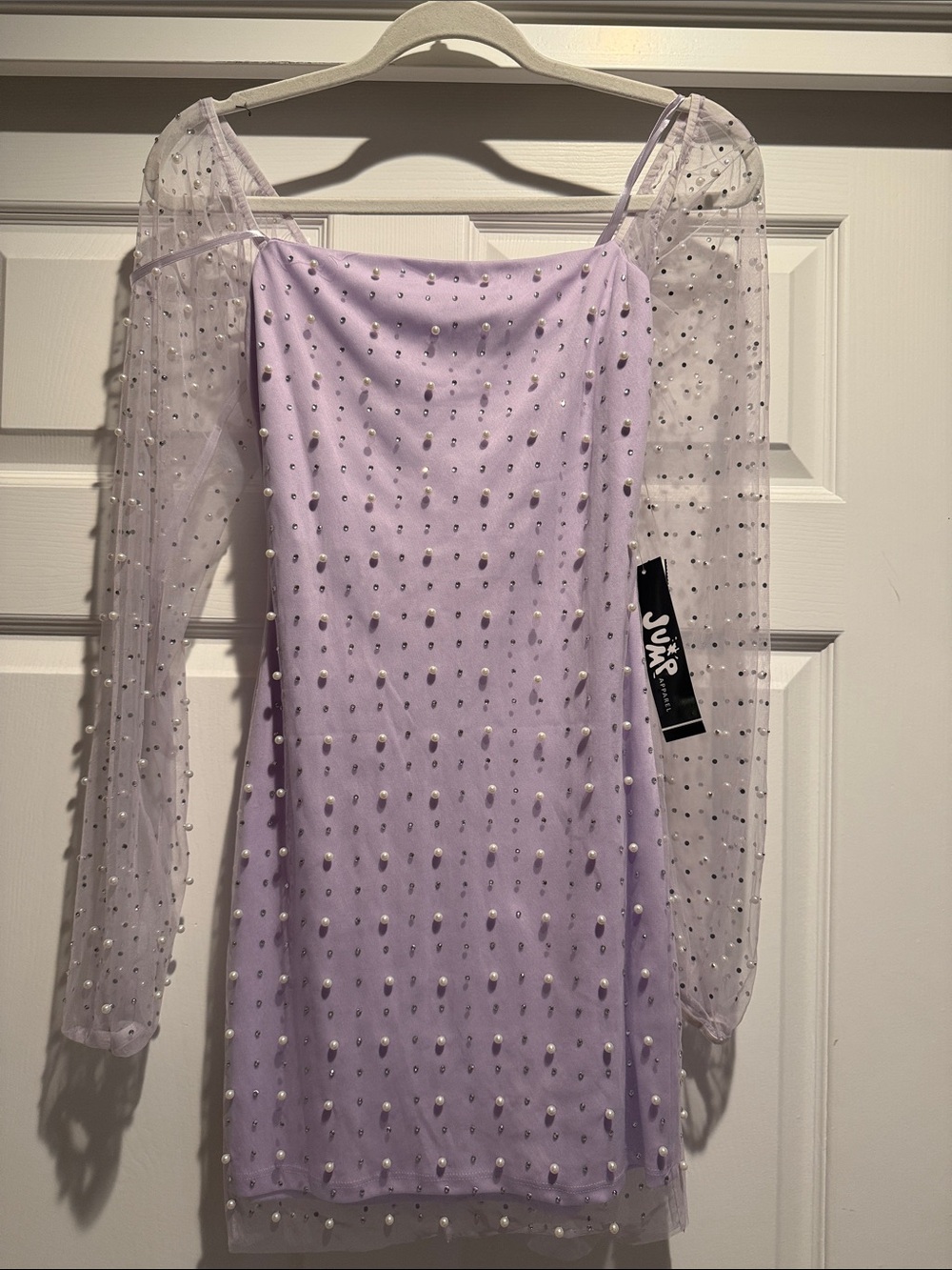 💜 Jump brand Sheer Sleeve Lilac Embellished Mini Dress 💜 NWT